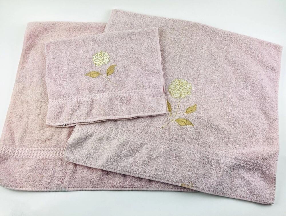 Cannon Bath Body Hand Towel Set Vintage Pink Floral Appliqué Gold Rose USA Flowe
